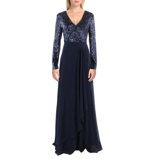 XSCAPE Womens Dress M / Navy XSCAPE - Sequined V-Neck Evening Dress