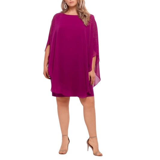XSCAPE Womens Dress XXL / Pink XSCAPE - Stretch Cold Shoulder Chiffon Overlay Dress
