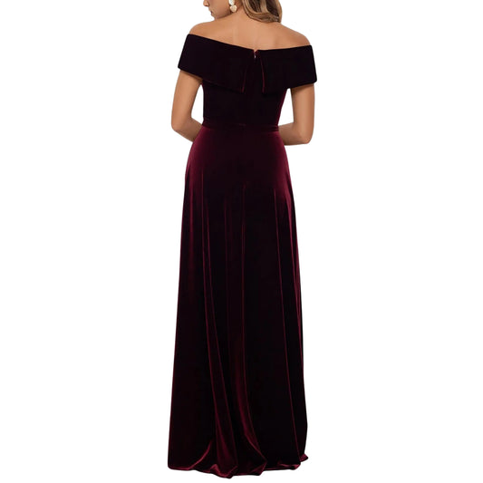 XSCAPE Womens Dress L / Burgundy XSCAPE - Velvet Off Shoulder sweet heart neck Evening Dress