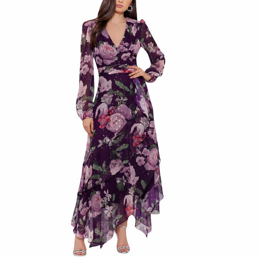 XSCAPE Womens Dress L / Purple XSCAPE - Women's Chiffon Floral Long Dress