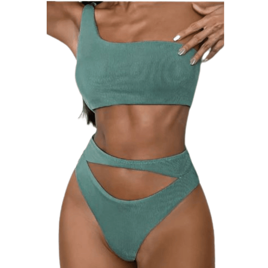 ZAFUL Womens Swimwear L / Green ZAFUL - Ribbed Cutout One Shoulder High Leg