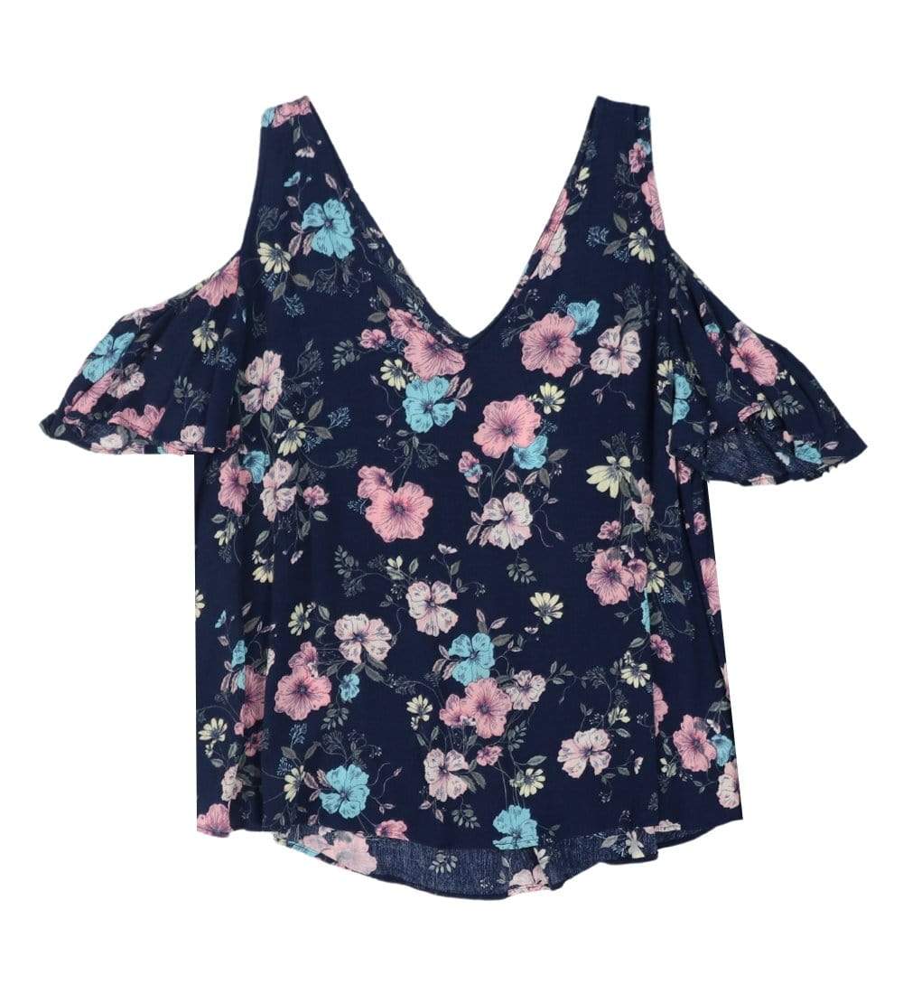 A.N.A Womens Tops Petite Large / Navy Floral Cold Shoulder Shirt