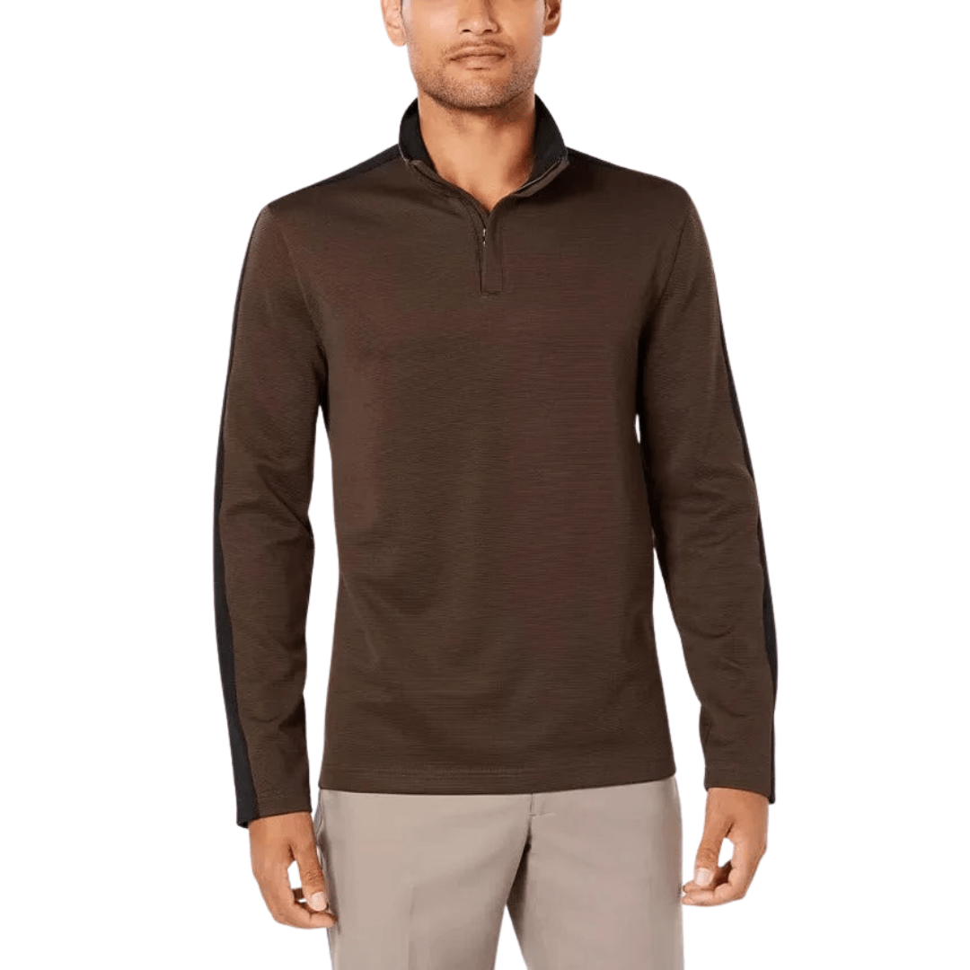 ALFANI Mens Tops M / Brown ALFANI - Ottoman Stripe Quarter-Zip Mock-Collar Sweater