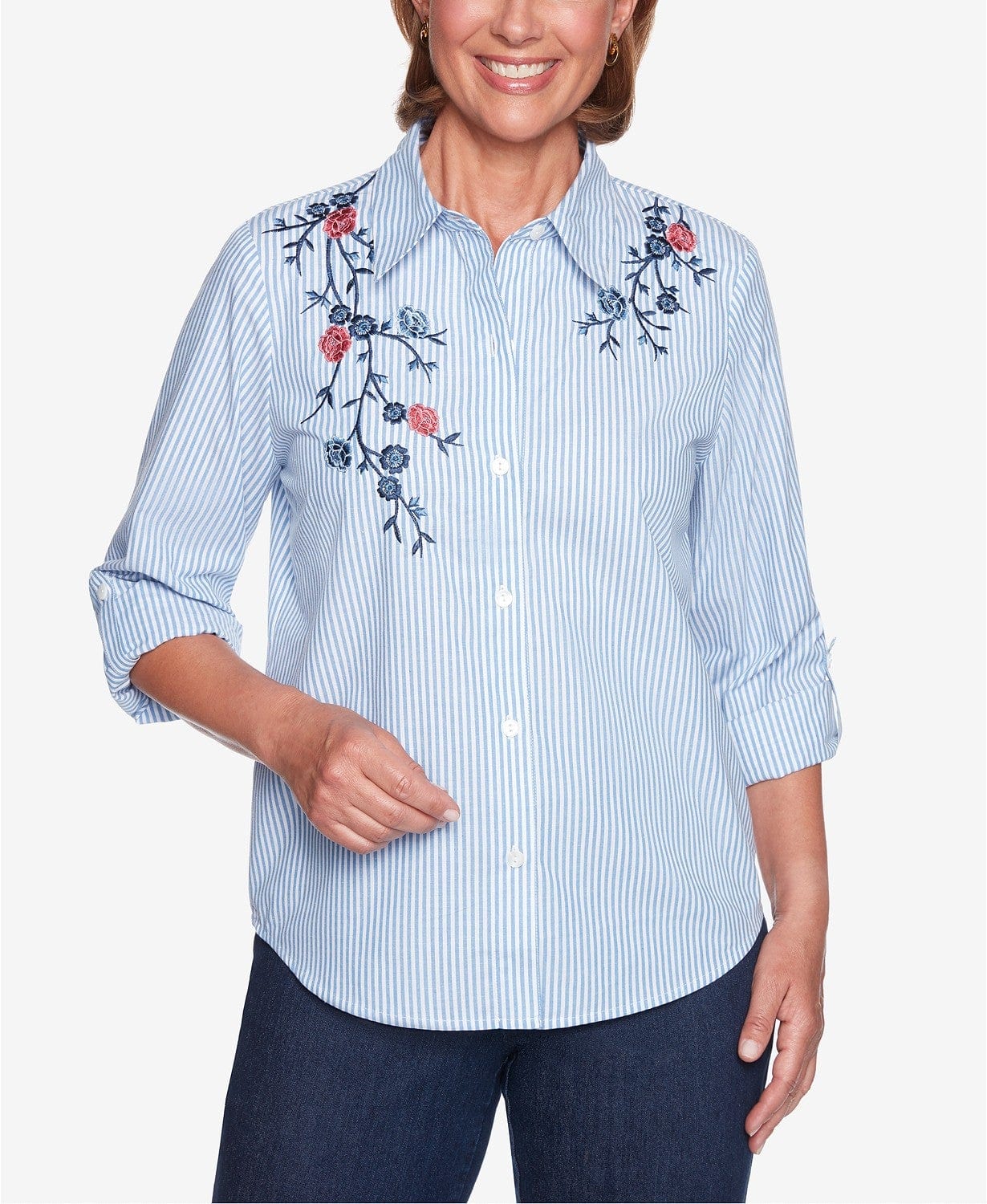 ALFRED DUNNER Womens Tops Petite News Flash Floral-Appliqué Shirt