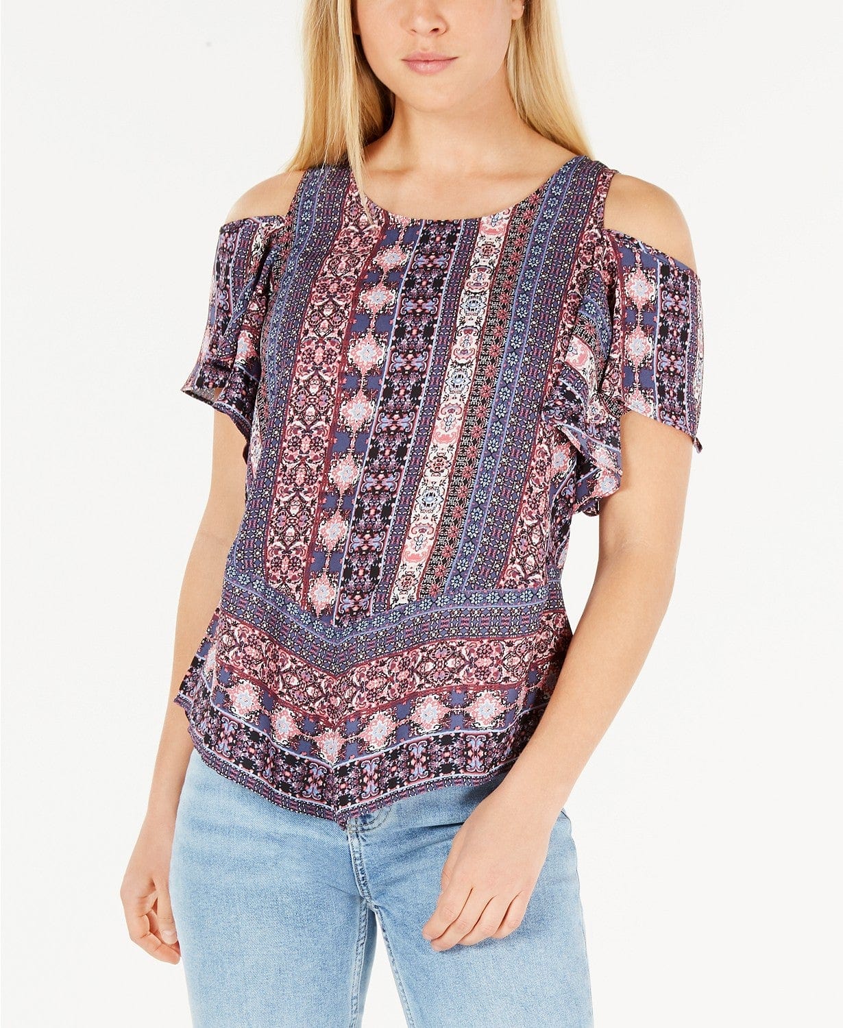 BCX Womens Tops Small / Multicolor Printed Cold-Shoulder Top