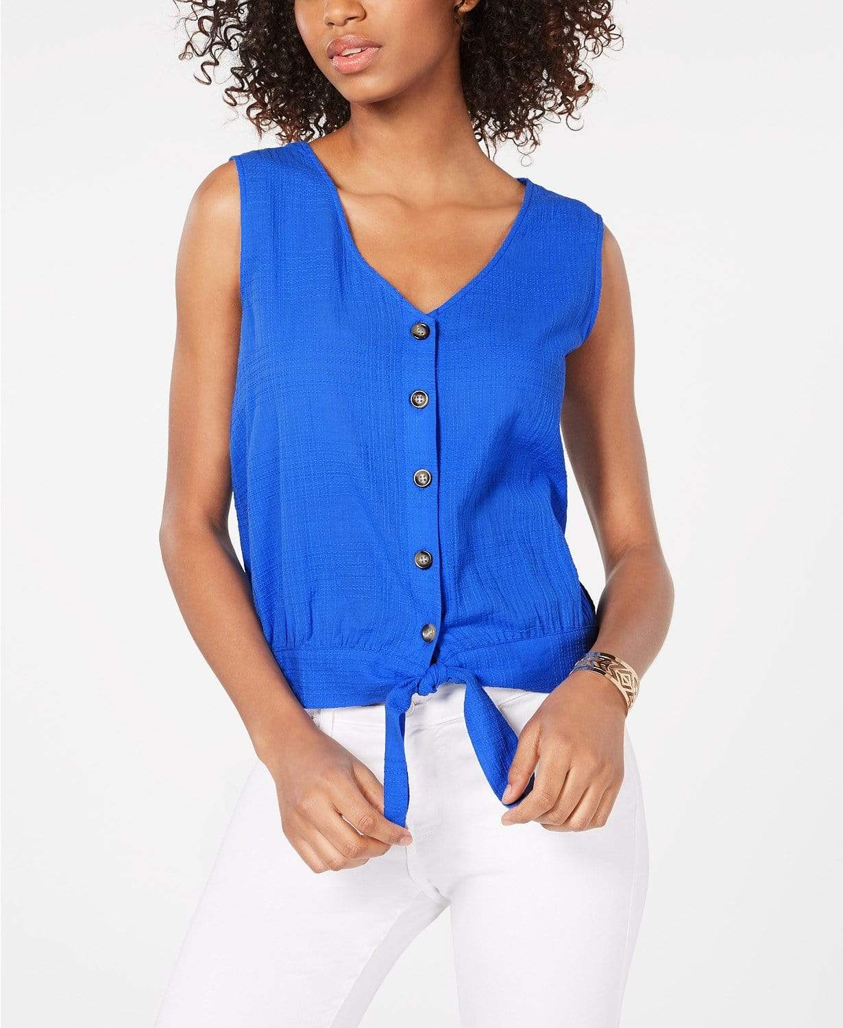 BCX Womens Tops Large / Blue Sleeveless Crochet-Trim Button-Front Cotton Top