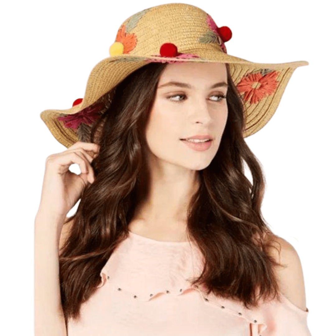 BETSEY JOHNSON Hats & Headbands One Size / Beige BETSEY JOHNSON - Floral Bliss Paper Yarn Pom Pom Floppy Wide Hat