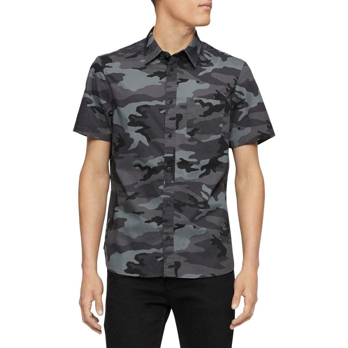 CALVIN KLEIN Mens Tops Small / Black Camouflage Collar Short Sleeves Button-Down Shirt