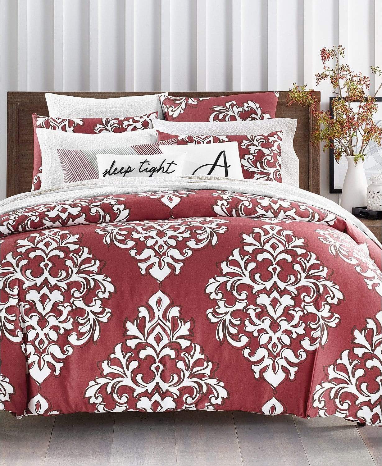 Charter Club Damask Collection Comforter/Quilt/Duvet Full / Queen / Burgundy / White Comforter Set - 3 Pieces