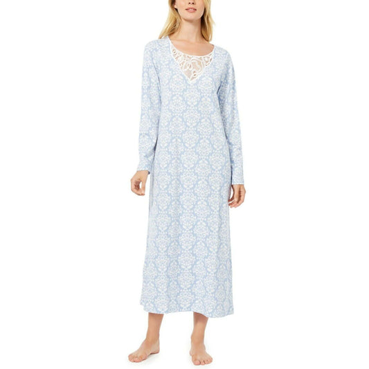 CHARTER CLUB Womens Pajama XS / Blue CHARTER CLUB - Lace-Trim Printed Nightgown Gown