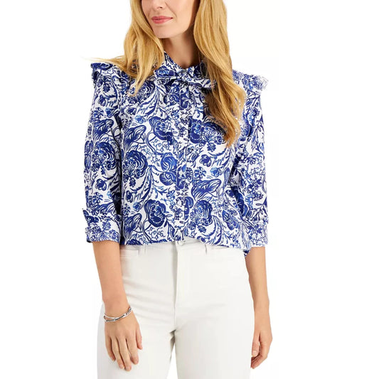 CHARTER CLUB Womens Tops CHARTER CLUB - Tie-Neck Printed Blouse
