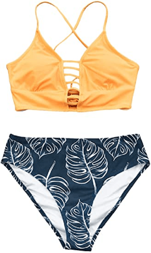CUPSHE Women's Yellow and Leaves Print Lace Bikini Set (X-Small (0