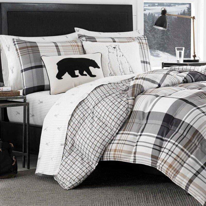 Eddie Bauer Comforter/Quilt/Duvet Twin / Black / Beige / White Plaid Reversible Comforter - 2 Pieces Set