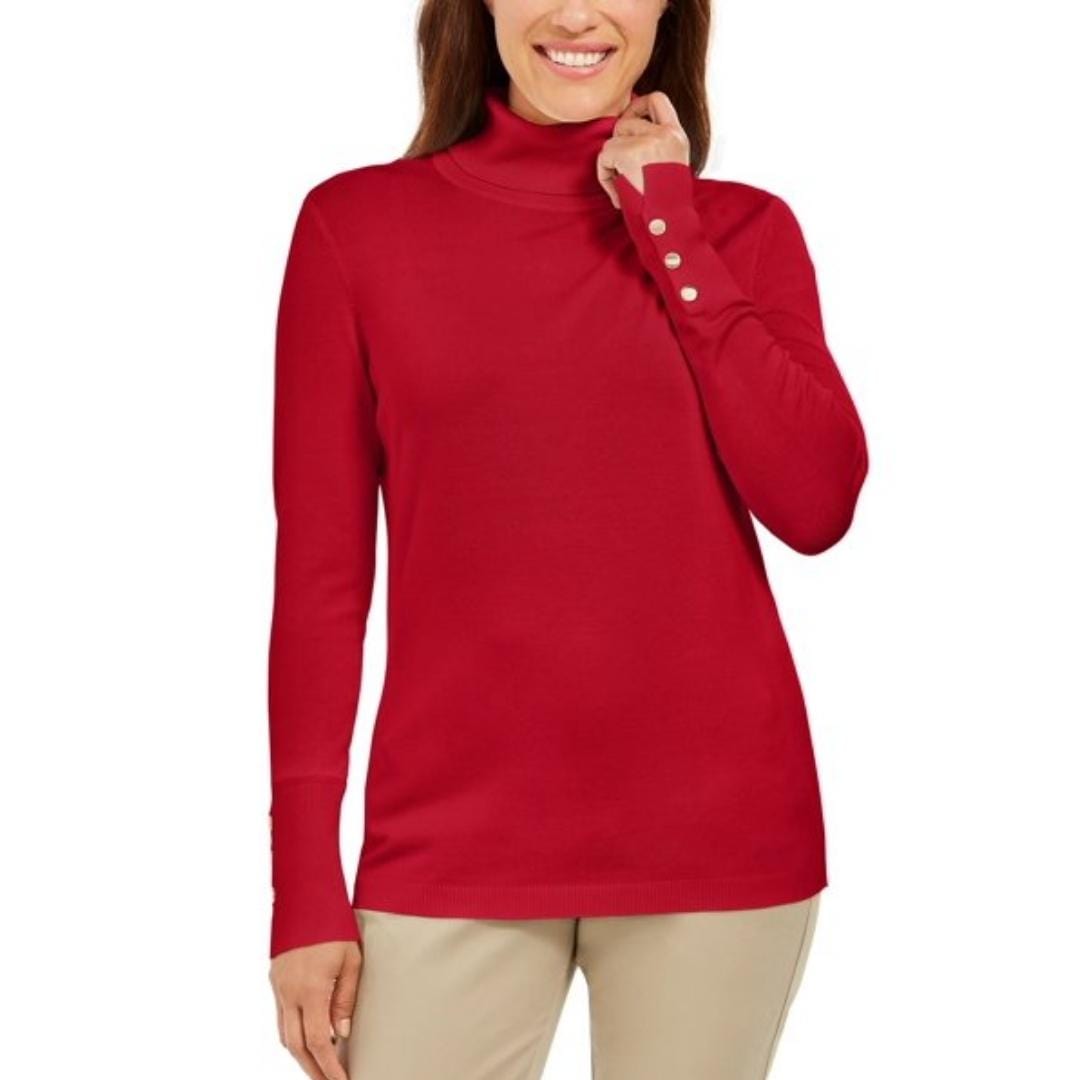 JM COLLECTION Womens Tops L / Red JM COLLECTION - Stud-Sleeve Pullover Turtleneck Sweater