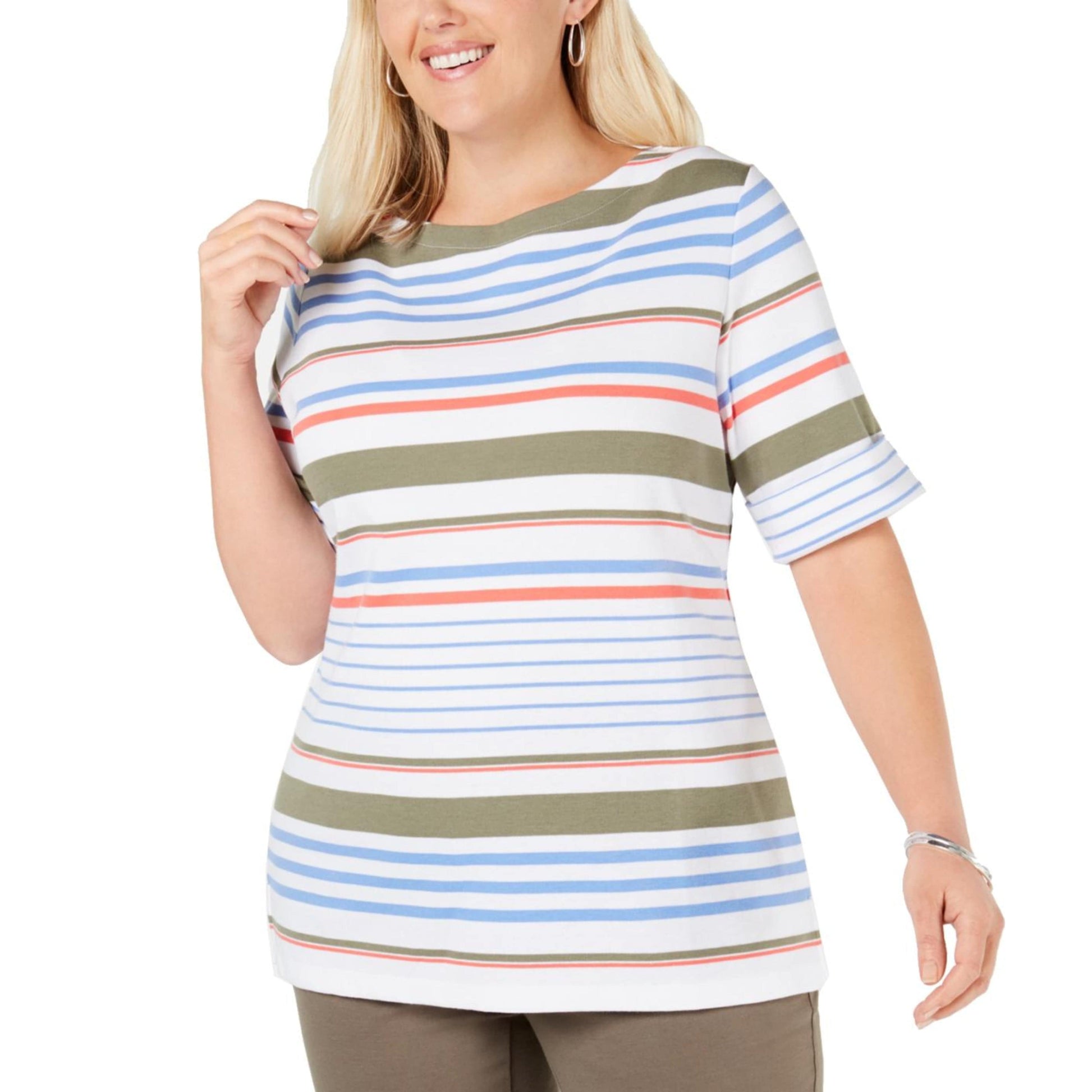 KAREN SCOTT Womens Tops XXL / Multi-Color KAREN SCOTT - Striped Boat Neck Pullover Top