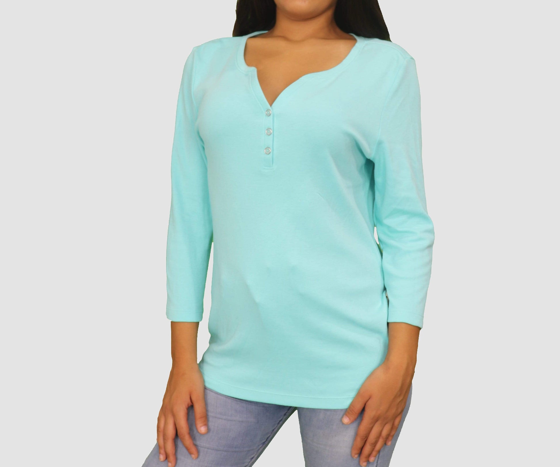 Karen Scott Womens Tops Petite Large / Turquoise Three Quarter Sleeve Top