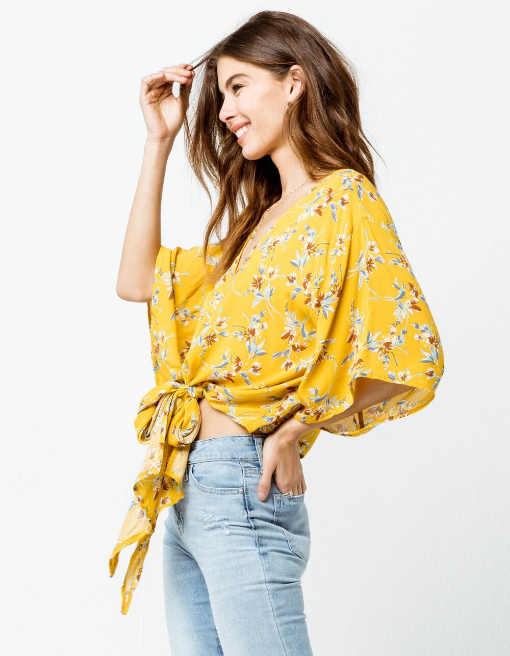 POLLY & ESTHER Womens Tops S / Mustard / C01 POLLY & ESTHER - Juniors' Printed Tie Front Dolman Sleeved Top