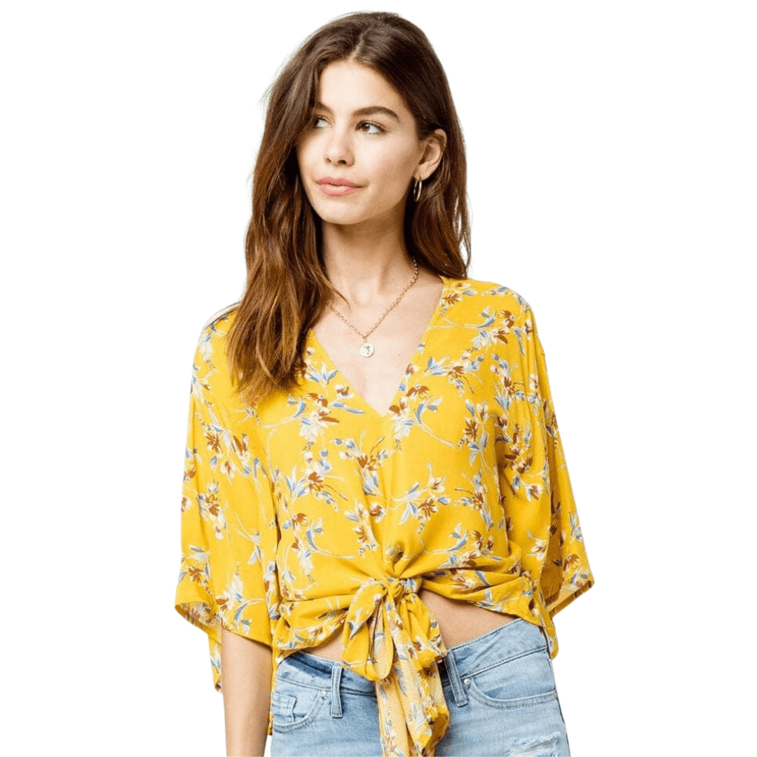POLLY & ESTHER Womens Tops S / Yellow POLLY & ESTHER - Juniors' Printed Tie Front Dolman Sleeved Top