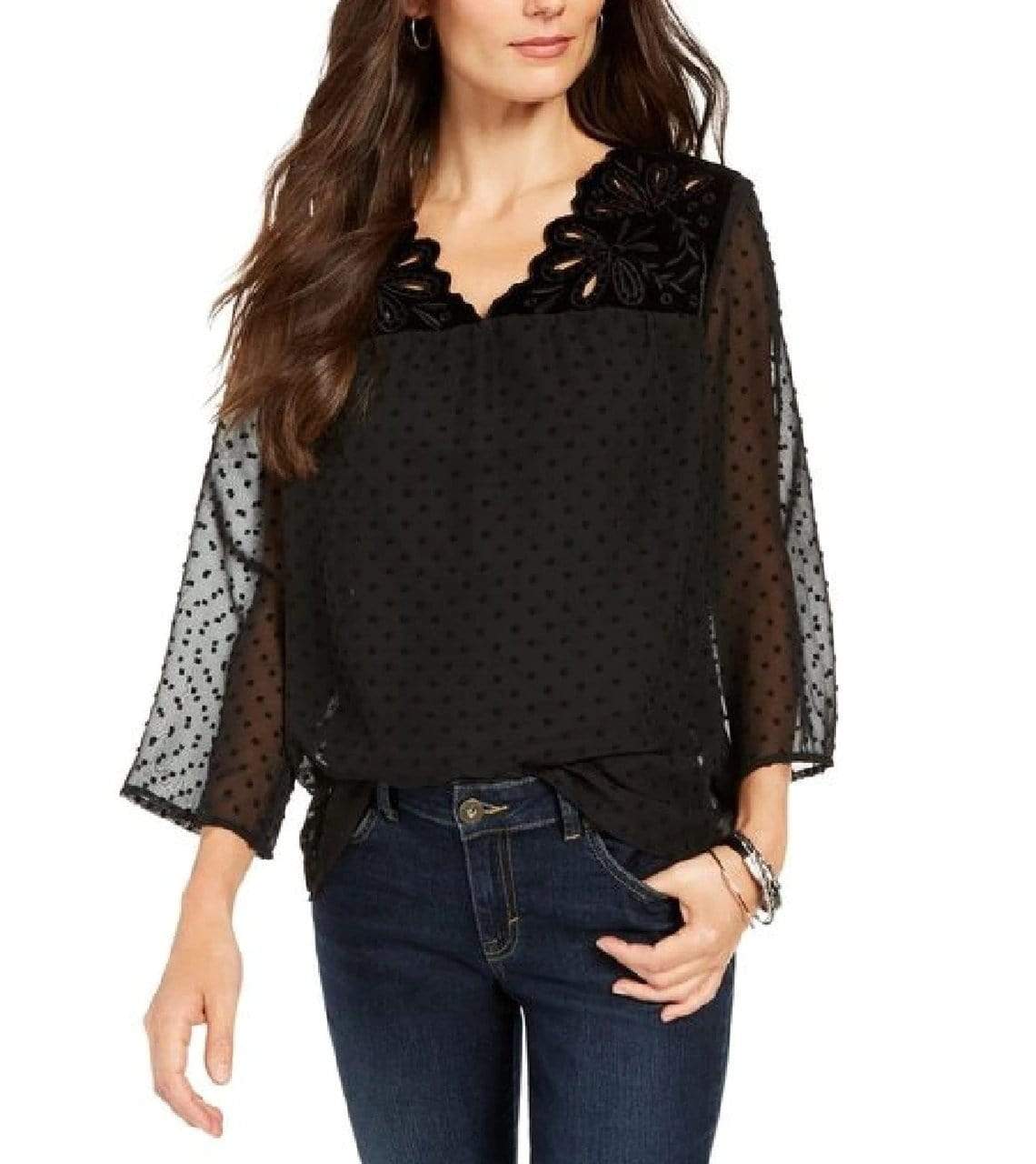 STYLE & CO Womens Tops M / Black STYLE & CO - Mixed-Media Sheer-Sleeve Blouse
