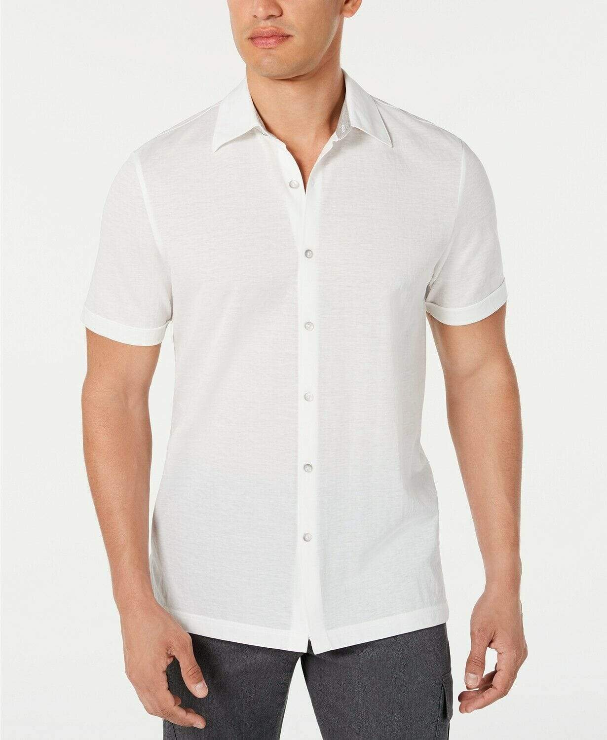 Tasso Elba Mens Tops X-Large / White Short Sleeve Shirt Linen Button Down