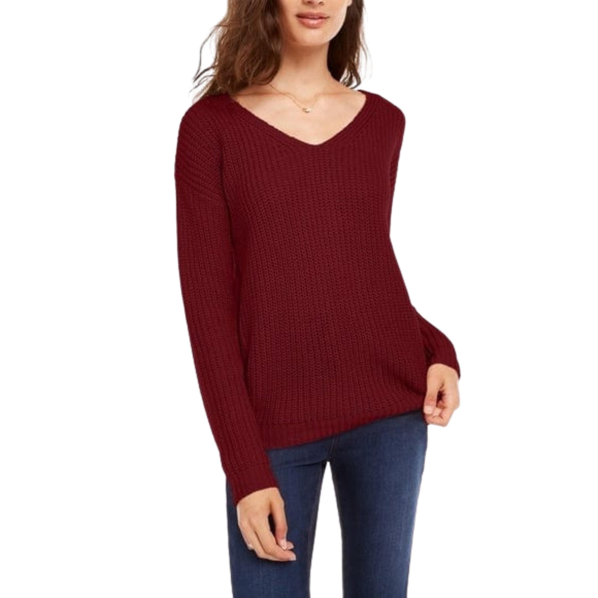 ULTRA FLIRT Womens Tops XS / Burgundy ULTRA FLIRT - Lace-up Back Sweater